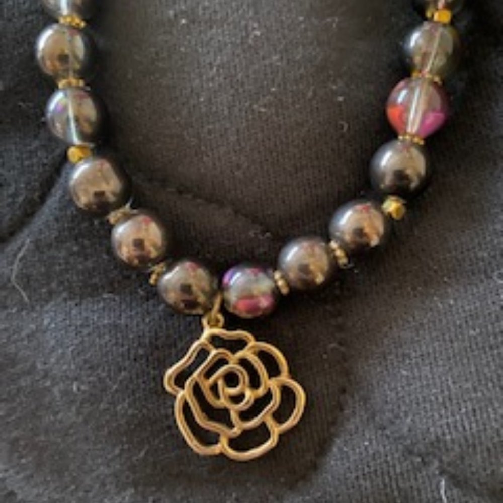 Beautiful Beaded Necklace Lotus Mandala Black & Purple & Golden Colors
